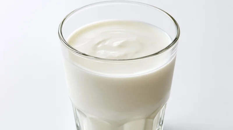 A clear glass filled with creamy white yogurt against a plain white background