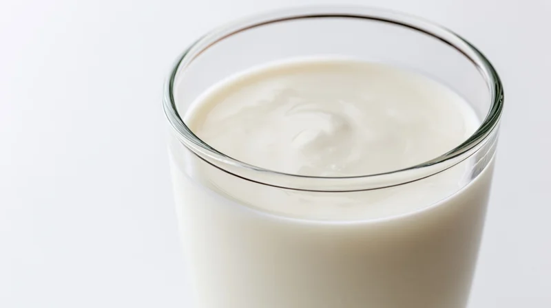 Clear glass filled with fresh whole milk against white background
