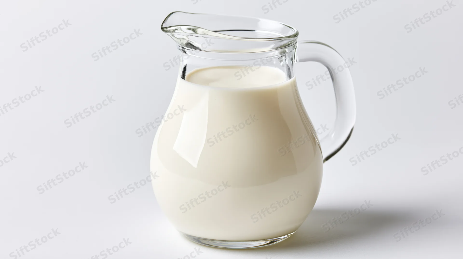 Clear glass pitcher filled with fresh whole milk on white background