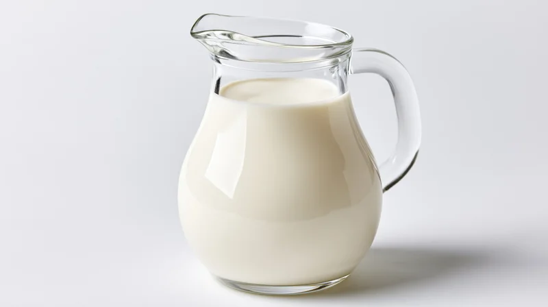 Clear glass pitcher filled with fresh whole milk on white background