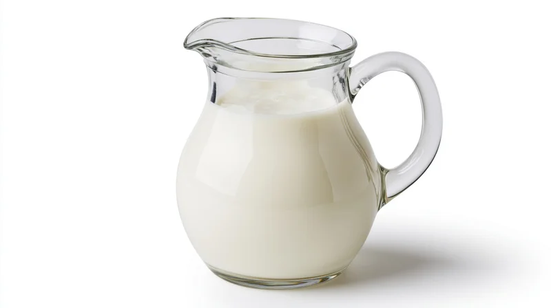 Clear glass pitcher filled with fresh whole milk on white background