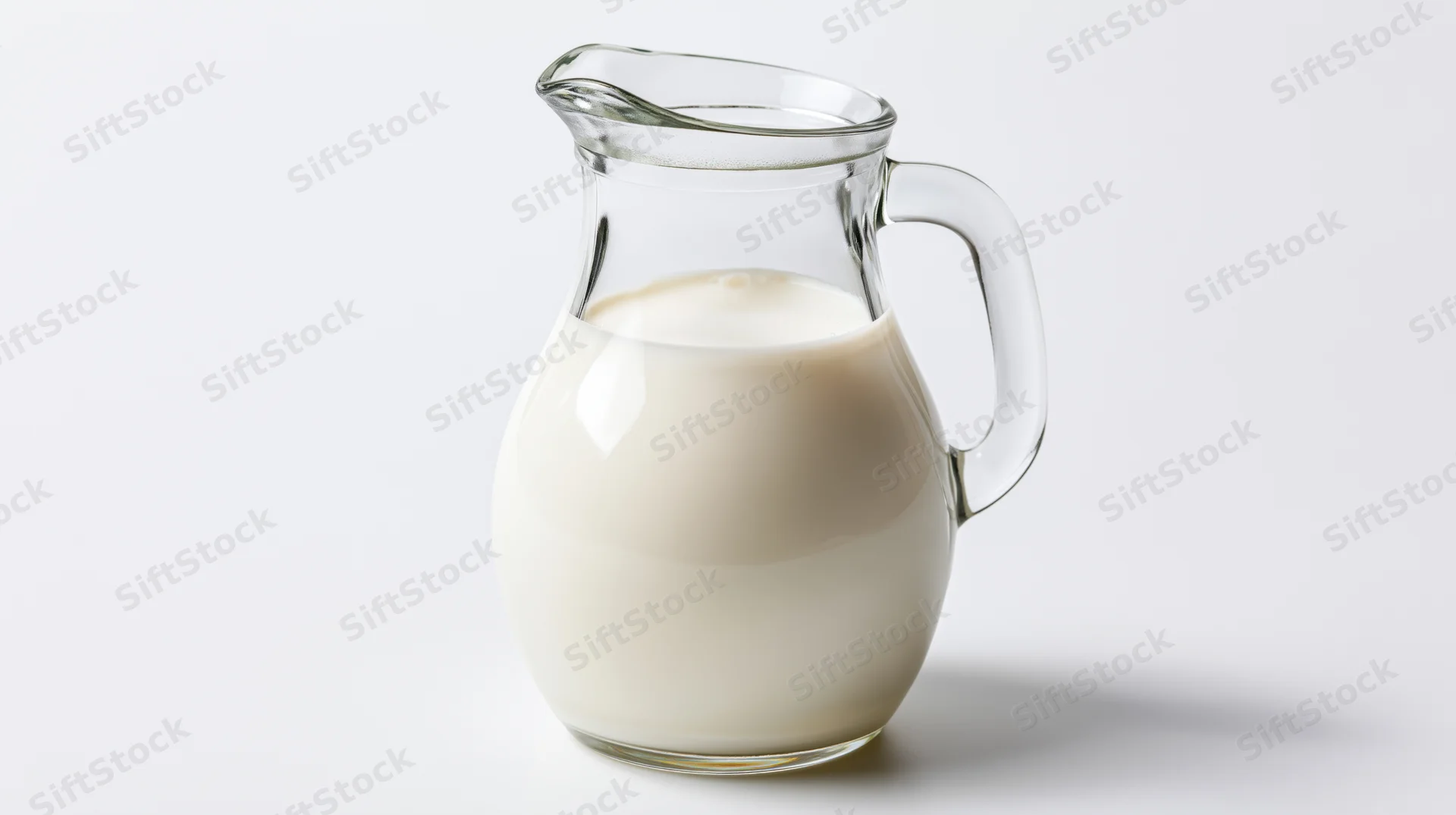 Clear glass pitcher filled with fresh whole milk on white background