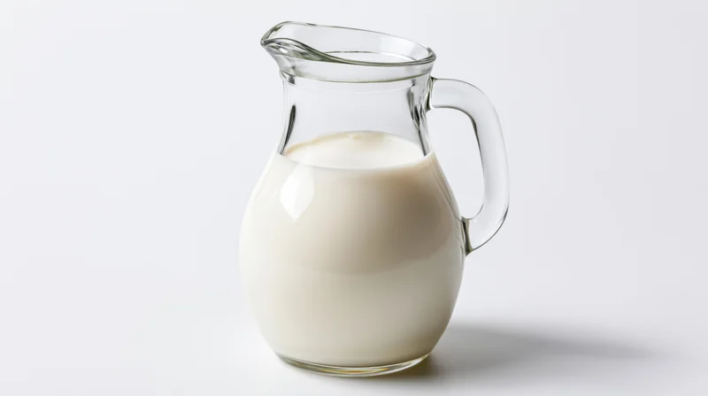Clear glass pitcher filled with fresh whole milk on white background