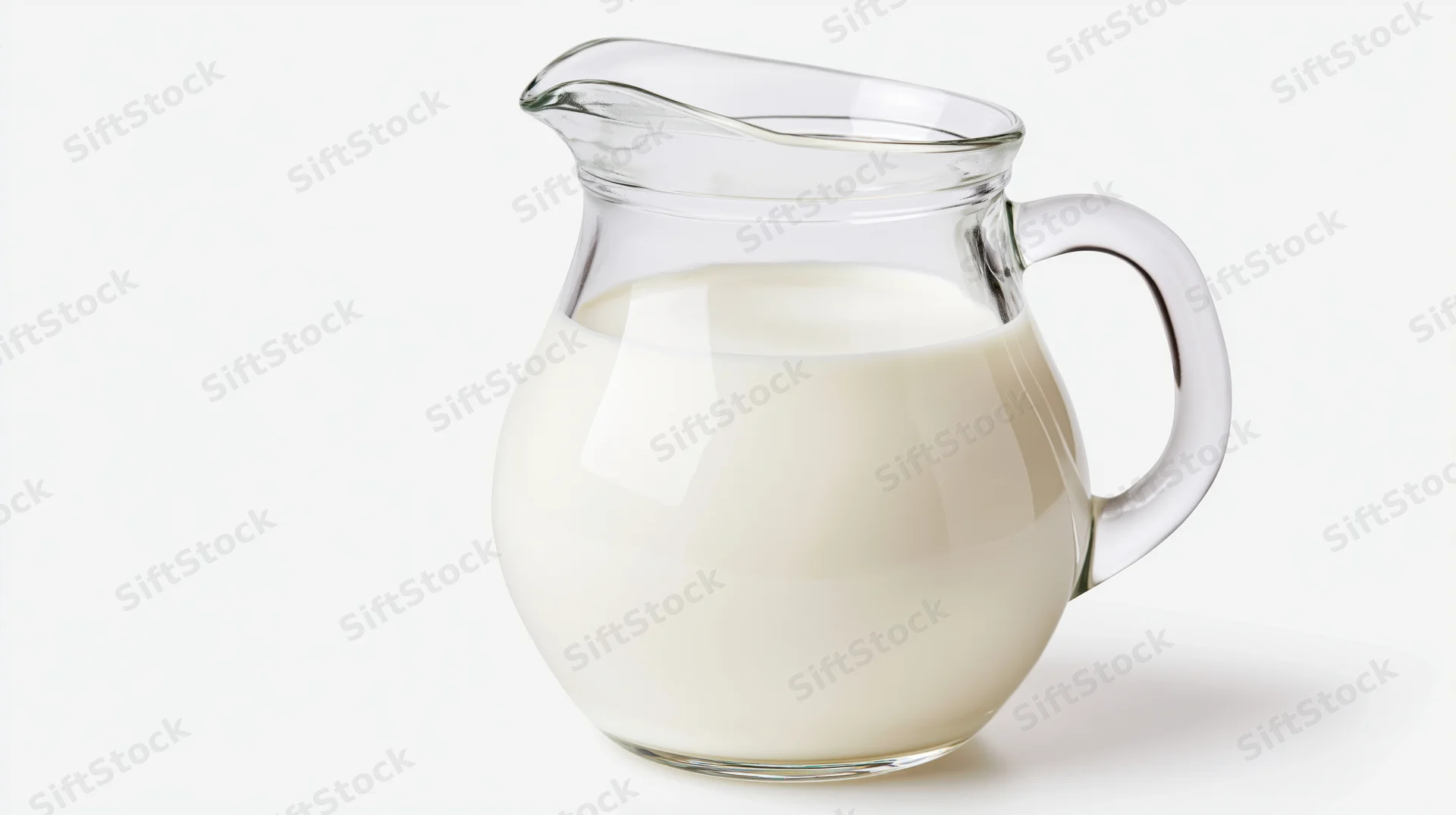 Clear glass pitcher filled with fresh whole milk on white background