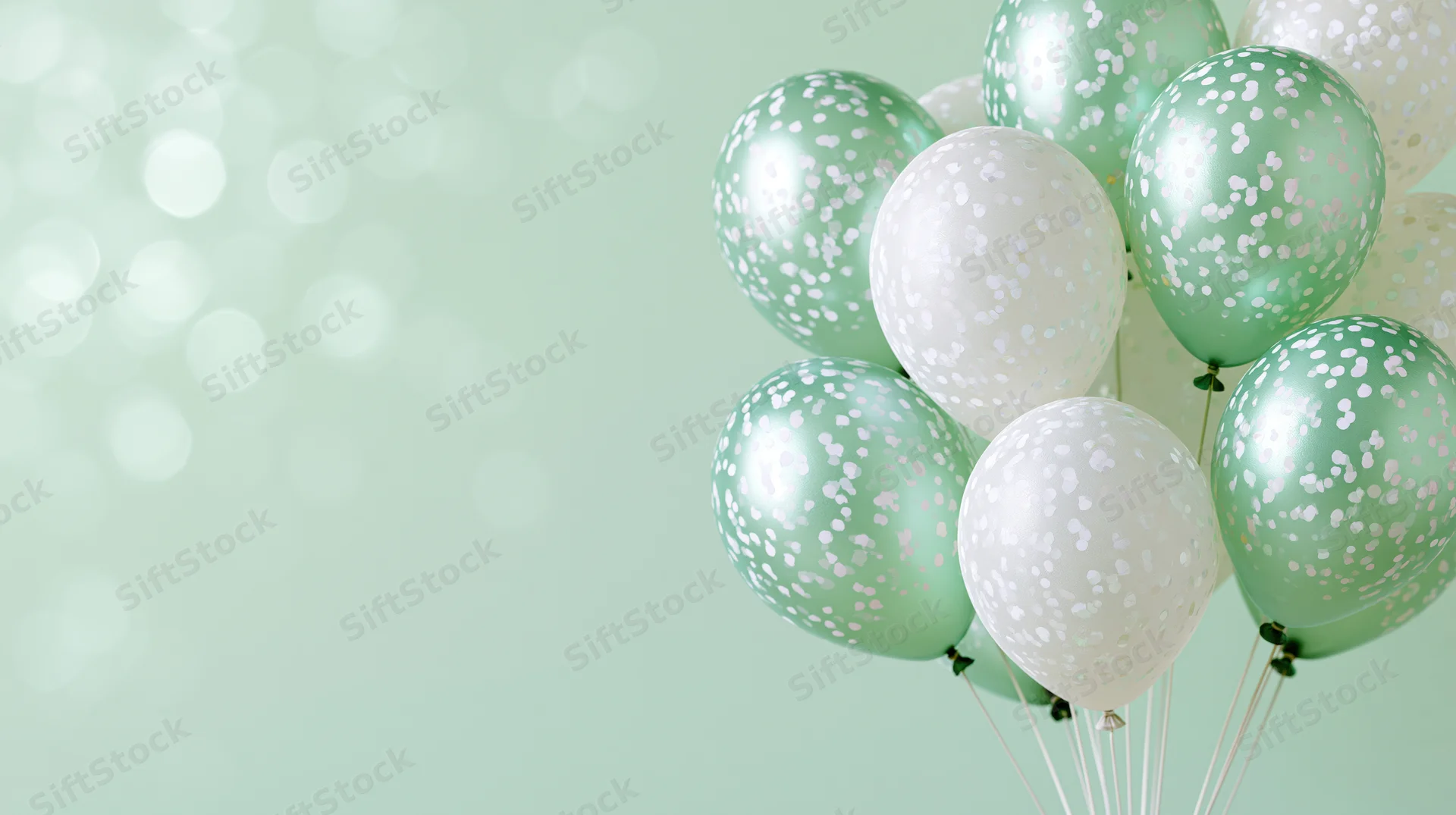 Cluster of mint green and white confetti-dot balloons against a soft bokeh background with copyspace on the left