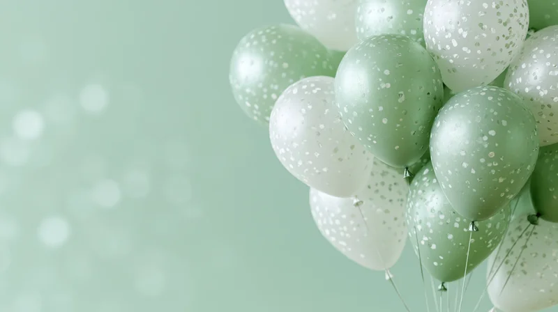 Cluster of mint green and white confetti-dot balloons floating against a soft pastel green background with bokeh lights and copyspace on the left