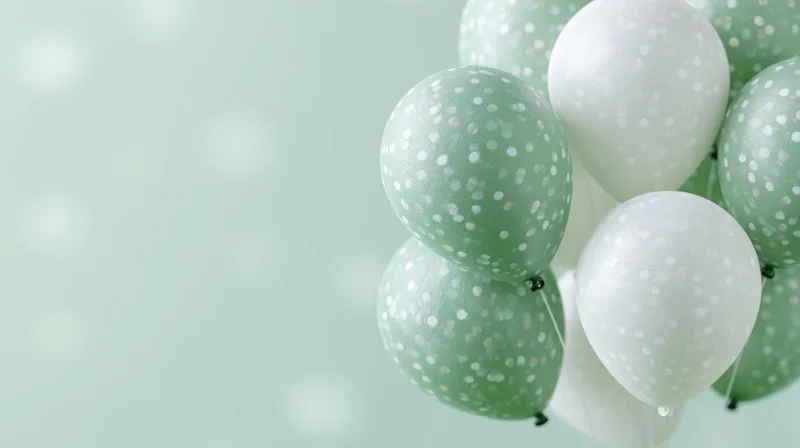 Cluster of mint green and white polka dot balloons floating against a soft light green background with copyspace