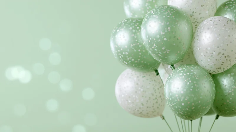 Cluster of mint green and white confetti-dot balloons floating against a soft light green background with bokeh lights and copyspace on the left