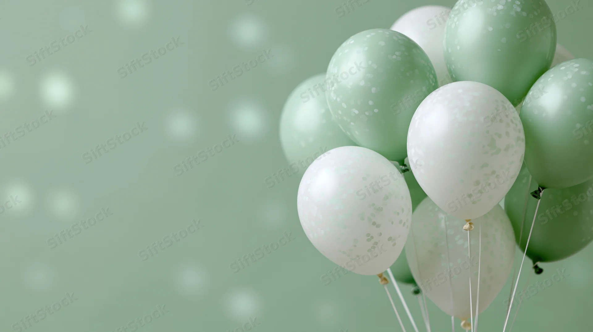 Cluster of mint green and white helium balloons with speckled pattern floating against soft blurred background with copyspace
