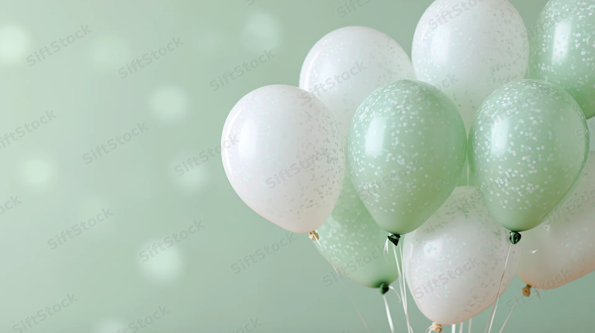 Cluster of mint green and white helium balloons with speckled confetti pattern floating against soft pastel background with bokeh lights and copyspace on left