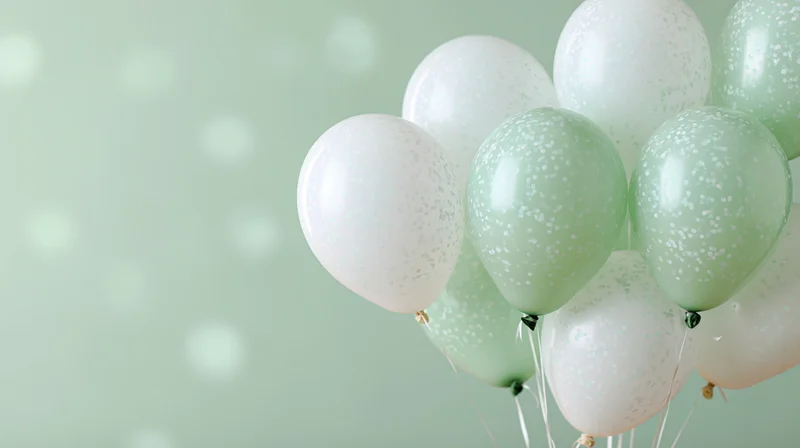 Cluster of mint green and white helium balloons with speckled confetti pattern floating against soft pastel background with bokeh lights and copyspace on left