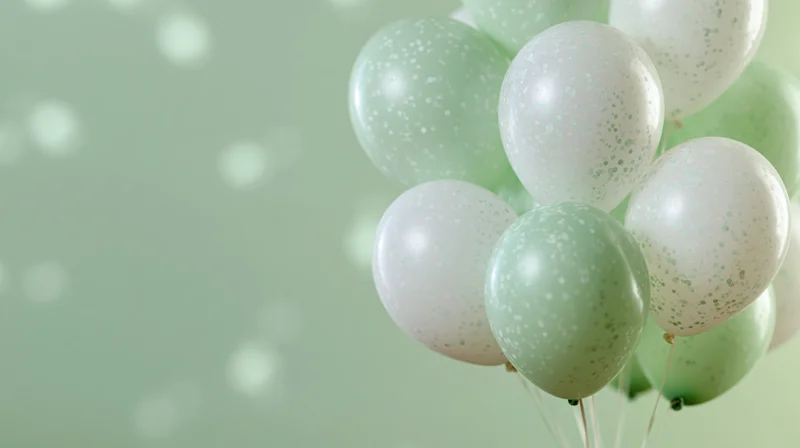 Cluster of mint green and white helium balloons with speckled pattern floating against soft pastel background