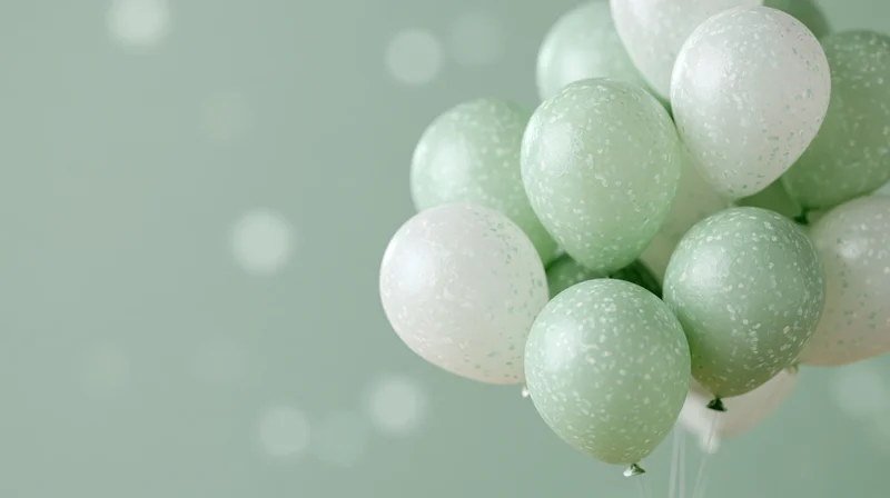 Cluster of mint green and white helium balloons floating against a soft pastel background with bokeh lights and copyspace on the left