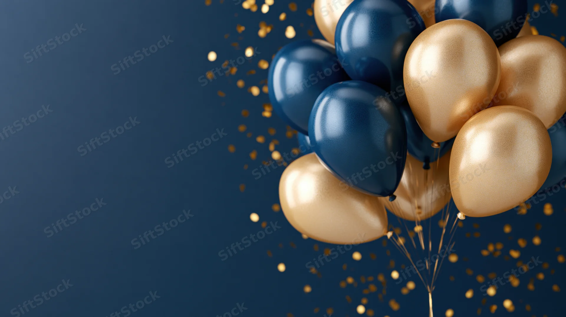 Navy blue and metallic gold balloons clustered together with golden confetti against a dark blue background, creating a festive and elegant party decoration with copyspace on the left