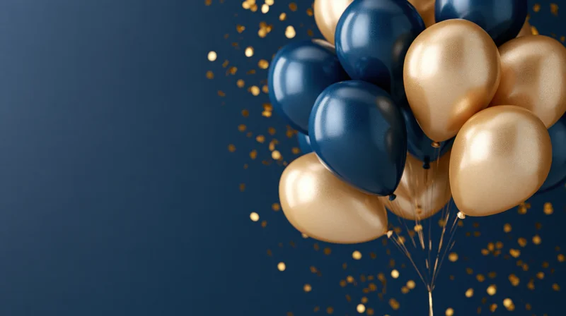 Navy blue and metallic gold balloons clustered together with golden confetti against a dark blue background, creating a festive and elegant party decoration with copyspace on the left