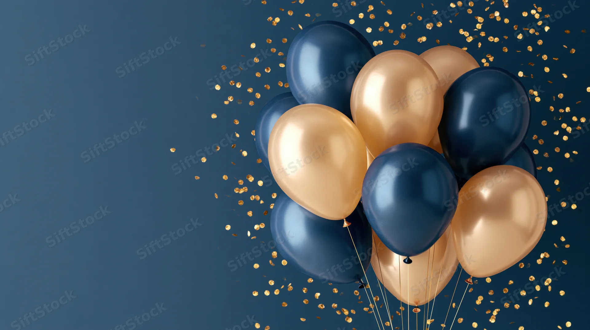 Navy and gold metallic balloons clustered with golden confetti against a blue background