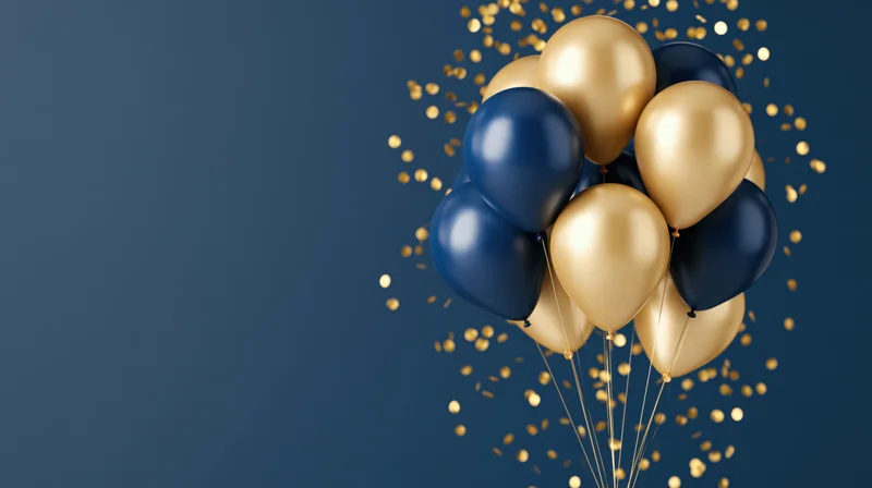 Cluster of navy blue and metallic gold balloons with confetti on blue background