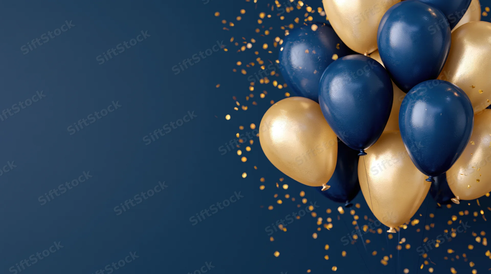 Navy blue and gold metallic balloons clustered with falling confetti on a dark blue background