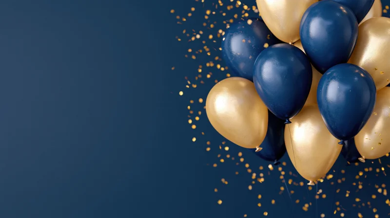 Navy blue and gold metallic balloons clustered with falling confetti on a dark blue background