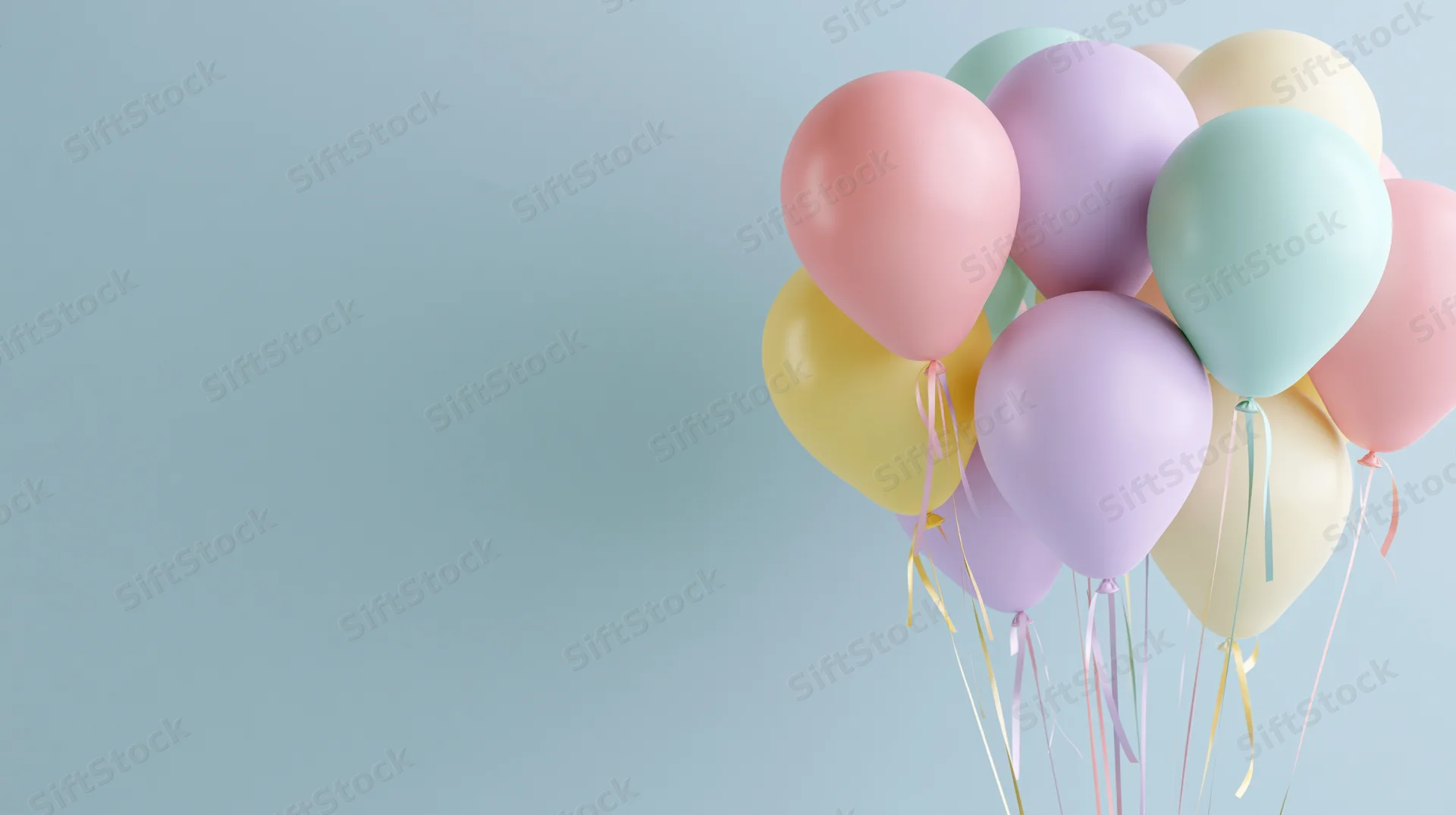 Cluster of pastel-colored helium balloons floating against a light blue background with copyspace on the left