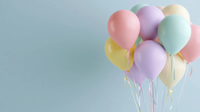 Cluster of pastel-colored helium balloons floating against a light blue background with copyspace on the left