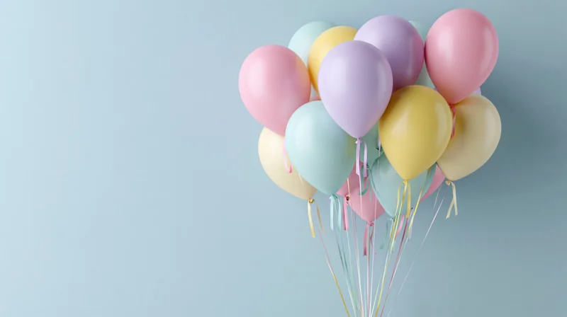 Cluster of pastel-colored helium balloons floating against a light blue background with copyspace on the left