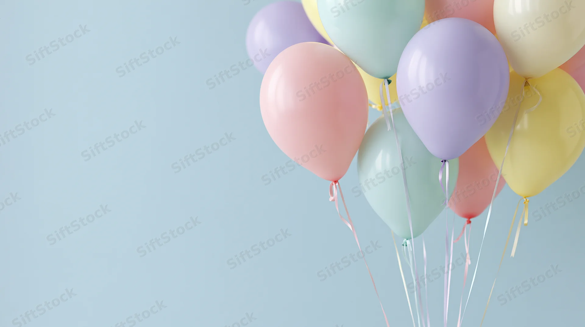 Pastel-colored helium balloons floating in a cluster against a light blue background with copyspace
