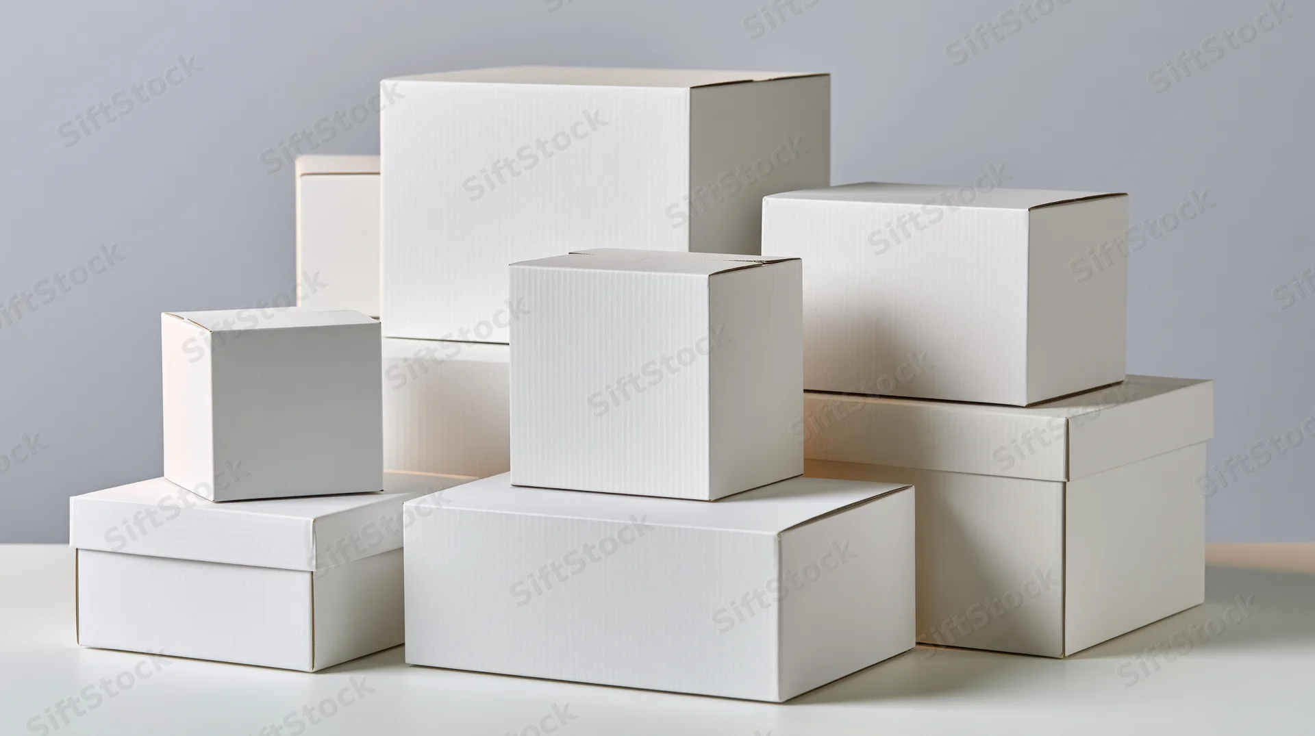 Plain white cardboard boxes stacked in various sizes on a light surface