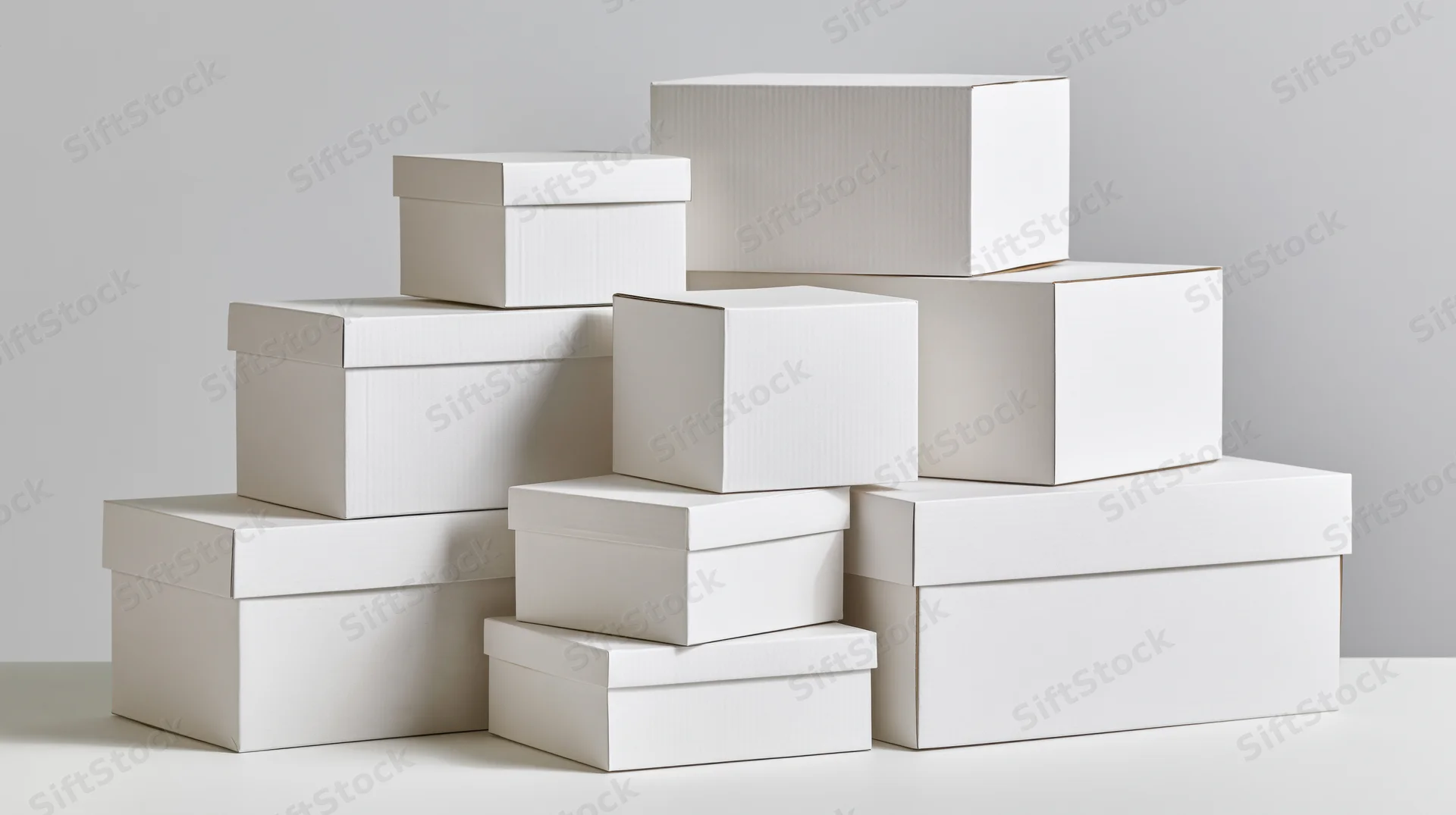 Plain white cardboard boxes stacked in various sizes on a white surface