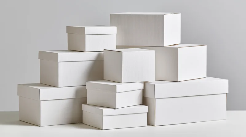 Plain white cardboard boxes stacked in various sizes on a white surface