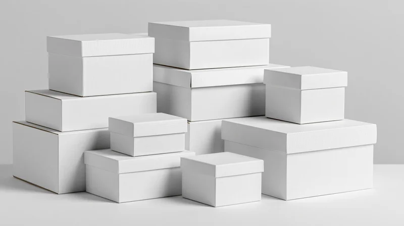 Plain white cardboard boxes stacked in various sizes on a white surface