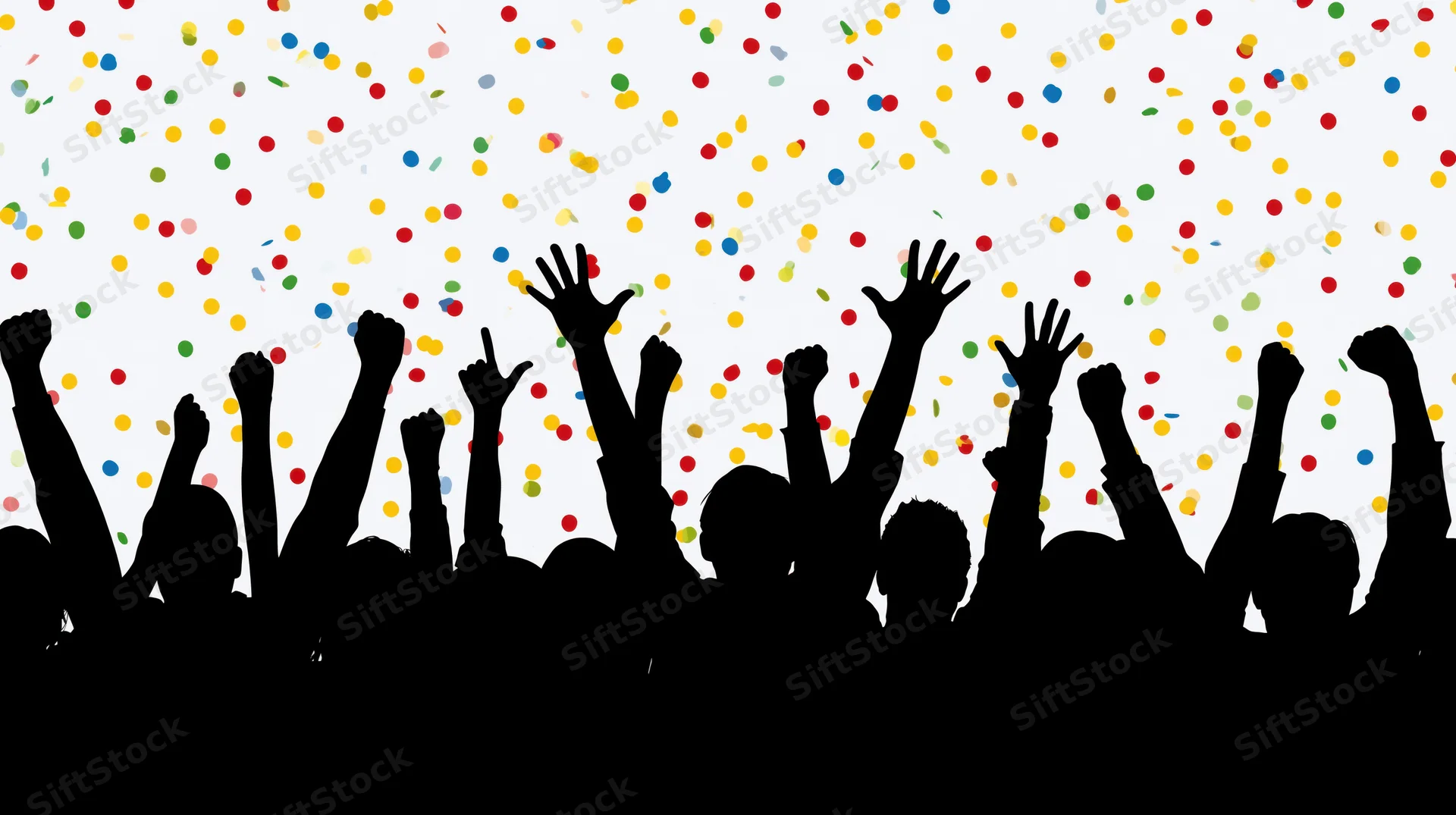 Silhouettes of a crowd cheering with arms raised under falling confetti