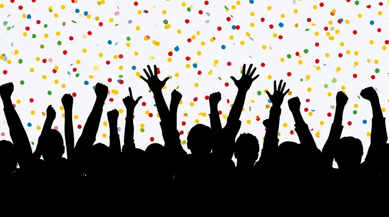 Silhouettes of a crowd cheering with arms raised under falling confetti
