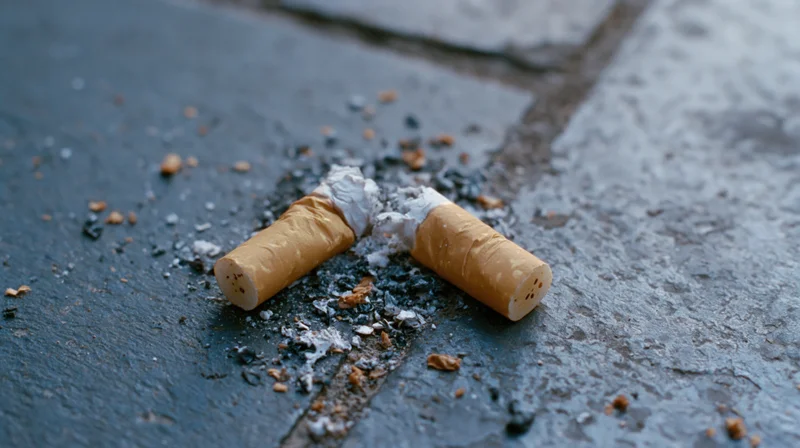 Broken cigarette butt crushed on dark pavement with ash and debris