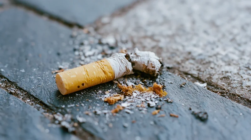 Crushed cigarette butt broken in two pieces lying on dark stone pavement