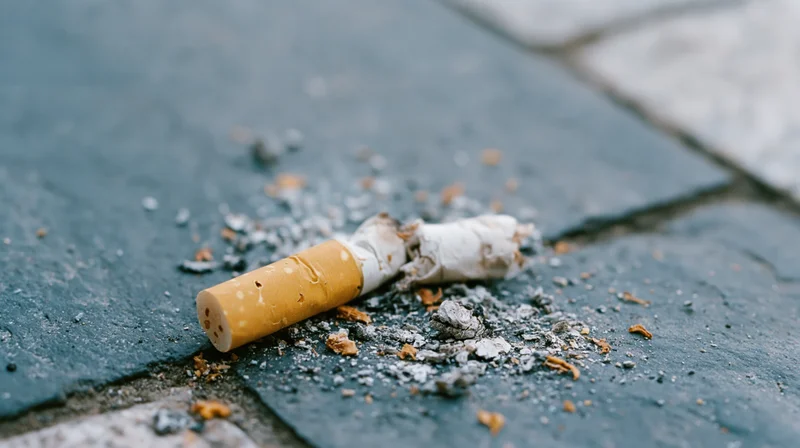 Crushed cigarette butt broken in two pieces lying on dark stone pavement