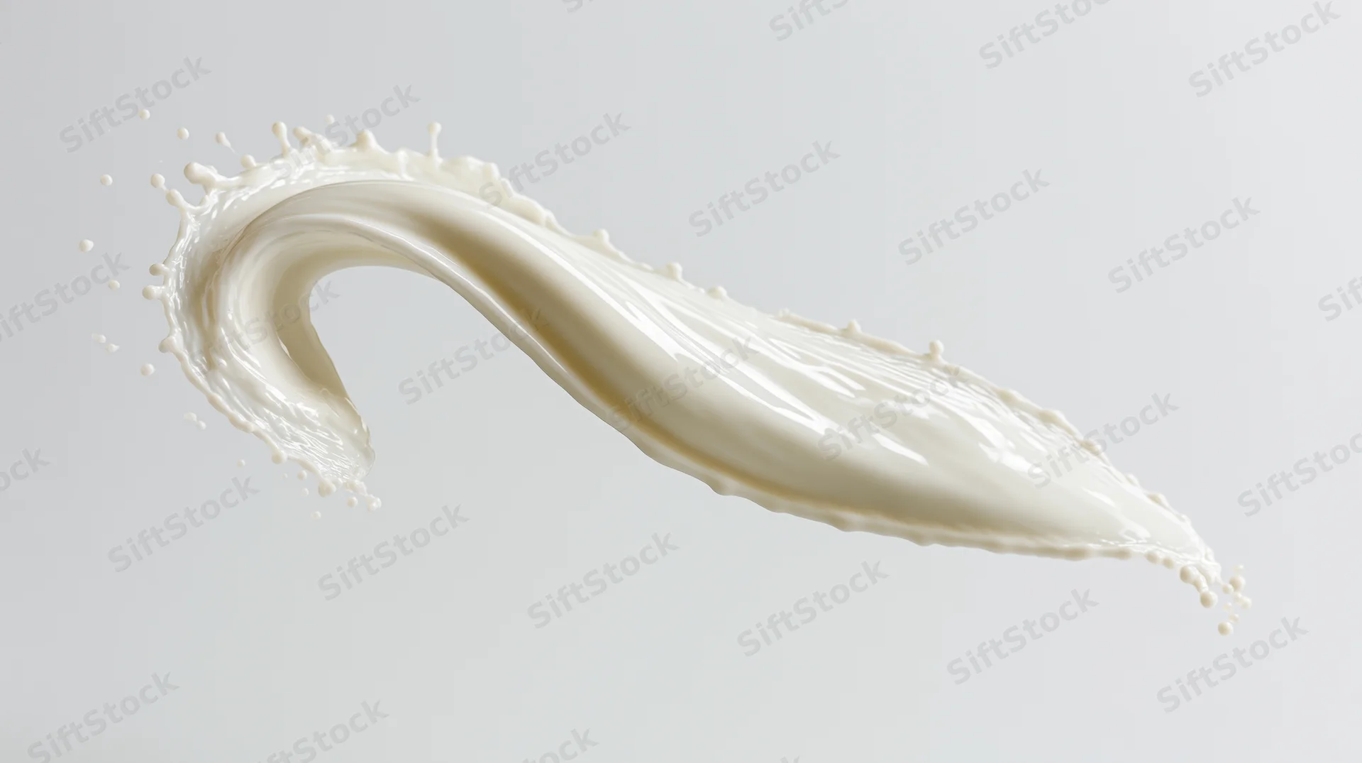 Curved ribbon of white milk mid-splash twisting in smooth arc against plain background