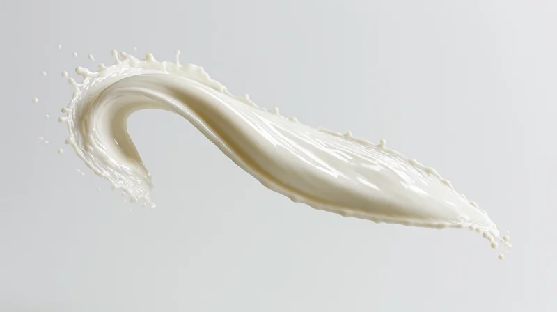 Curved ribbon of white milk mid-splash twisting in smooth arc against plain background