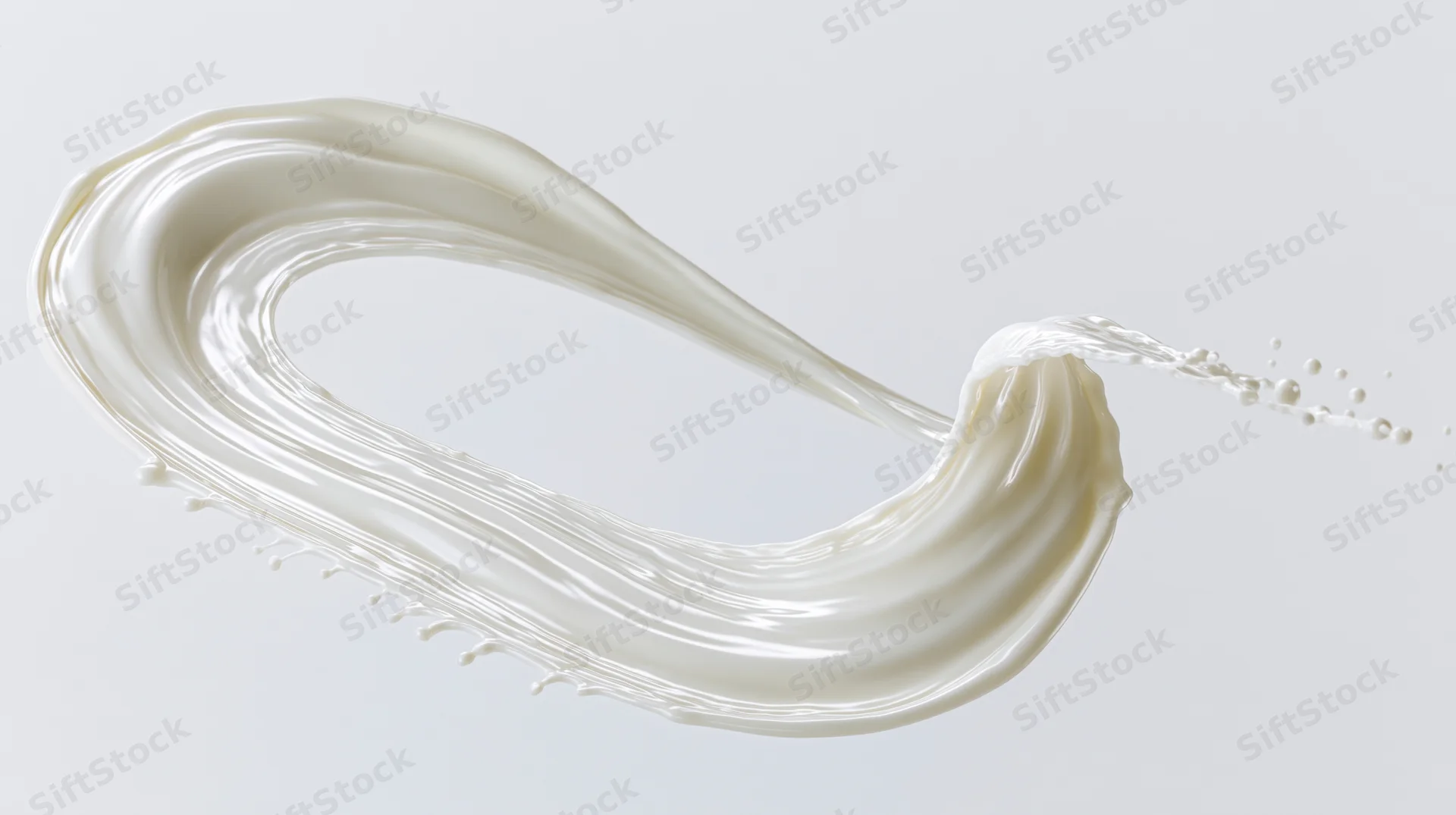 Curved ribbon of white milk mid-splash twisting in smooth motion against plain background