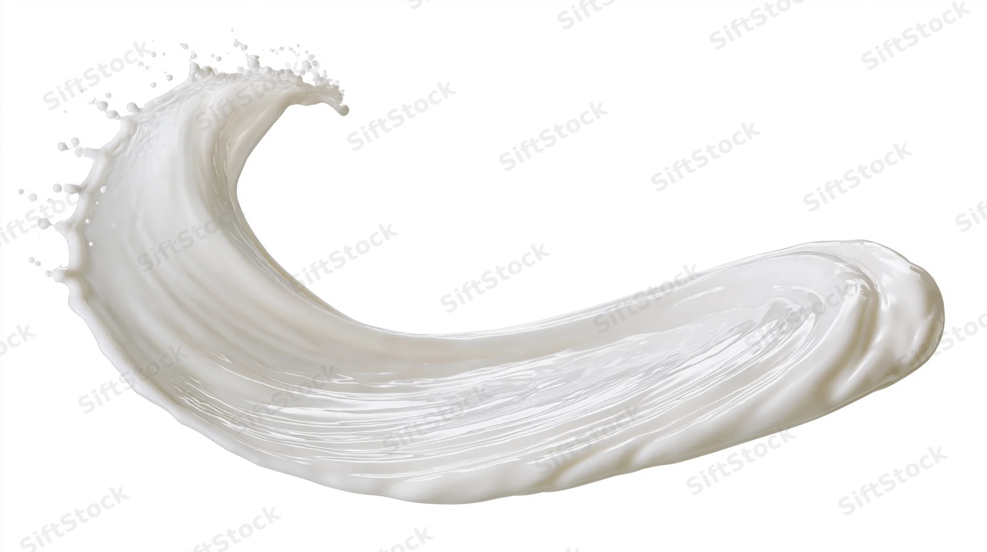 Curved ribbon of white milk mid-splash twisting in smooth arc against white background