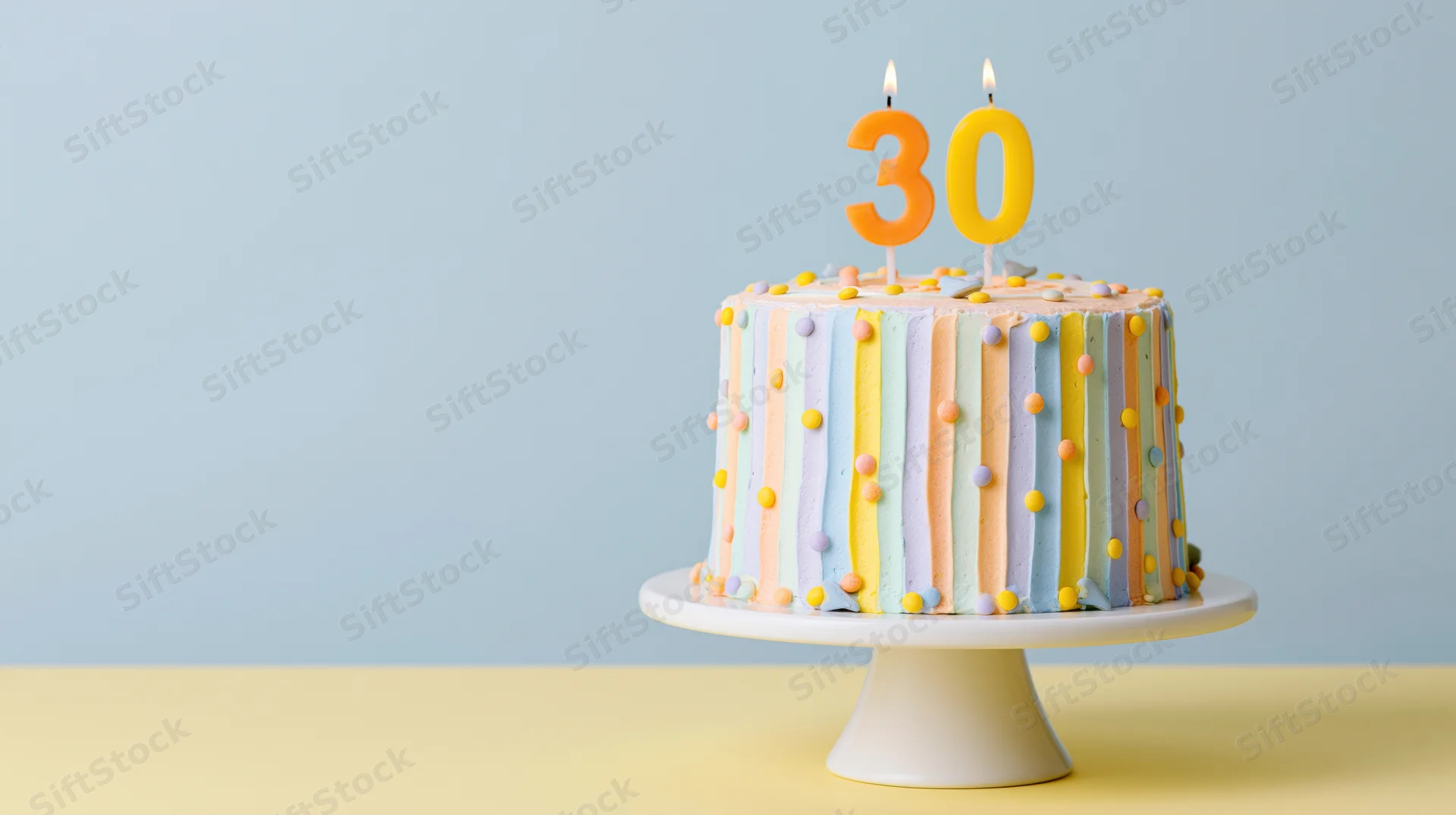 Decorated 30th birthday cake with lit number candles on white pedestal stand against blue background