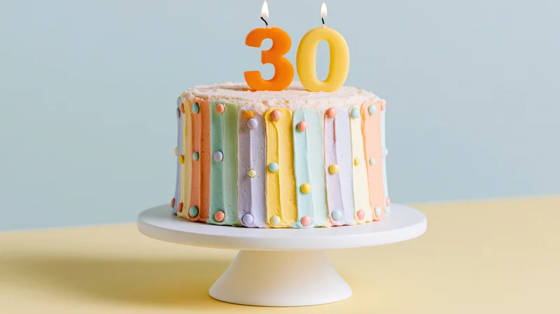Decorated birthday cake with lit number thirty candles on white pedestal stand