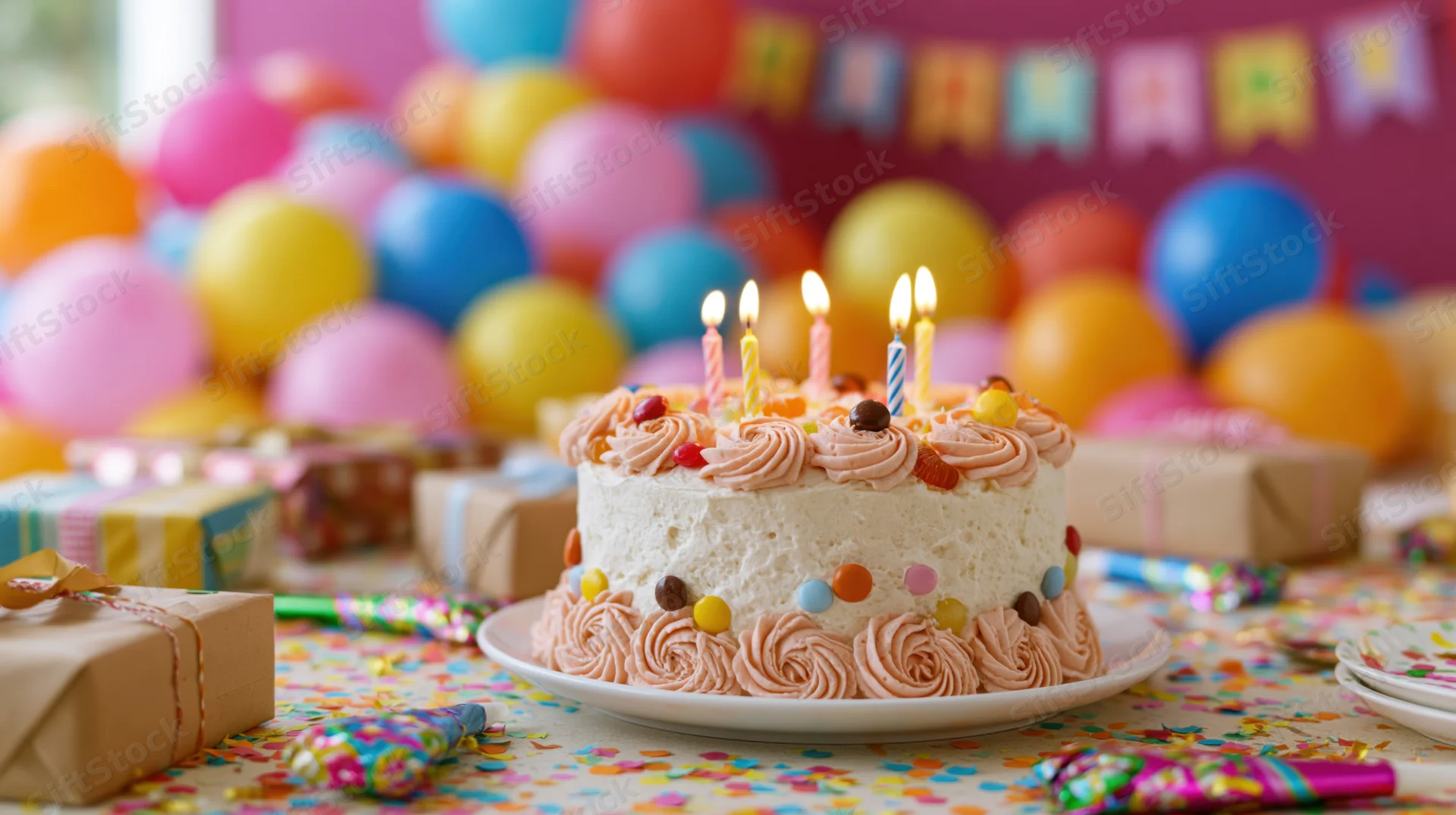 Decorated birthday cake with lit candles on a table surrounded by balloons and gifts