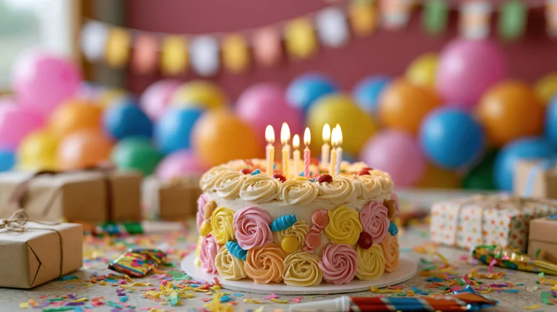 Decorated birthday cake with lit candles on a table surrounded by gifts and party decorations