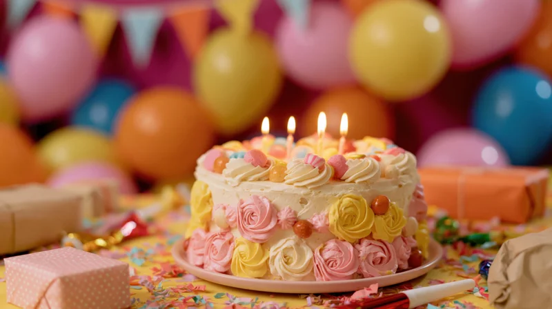 Decorated birthday cake with lit candles on a table surrounded by balloons and gifts