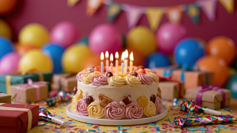 Decorated birthday cake with lit candles on a table surrounded by balloons, gifts and party decorations