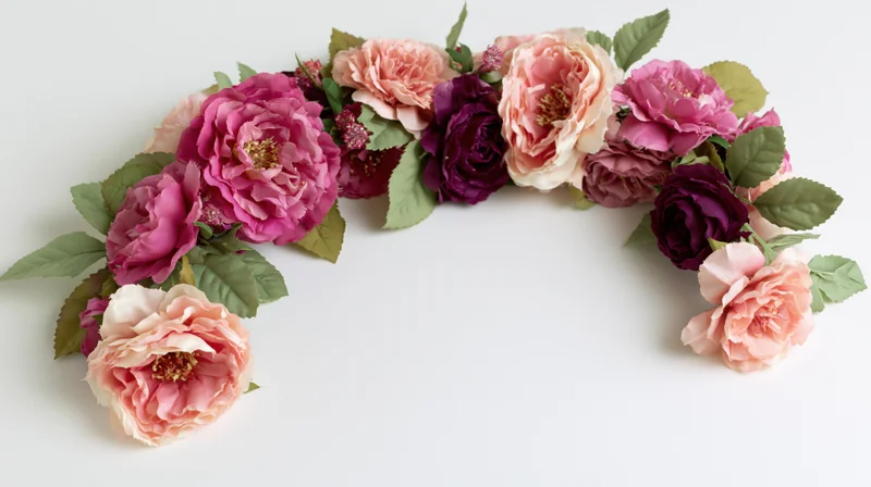 Curved floral garland with pink and purple roses and green leaves arranged in an arch on a white surface
