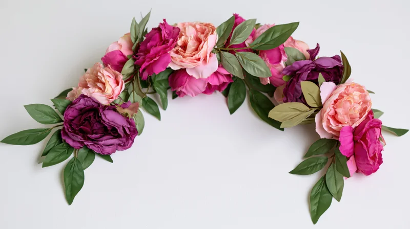 Floral garland arranged in a curved arch on a white background