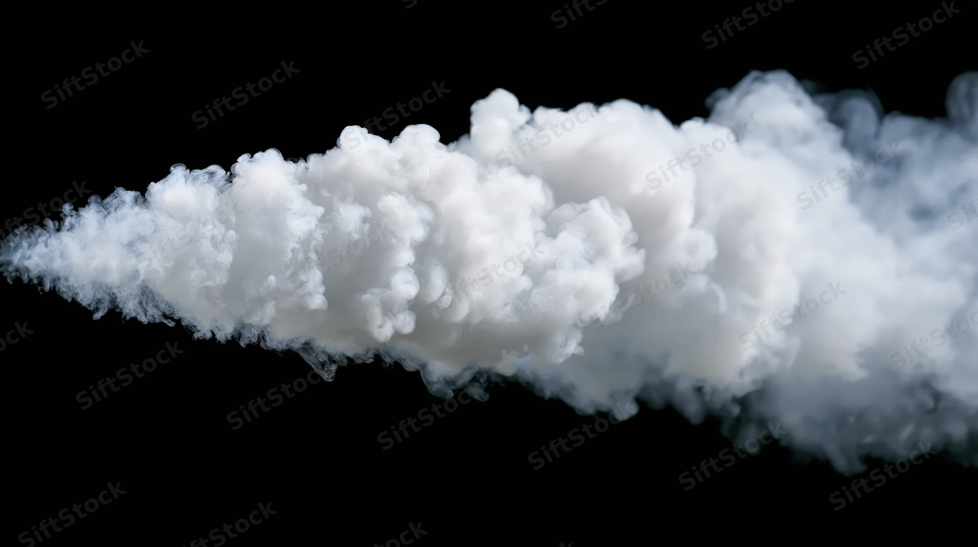 Dense white smoke plume billowing horizontally against black background