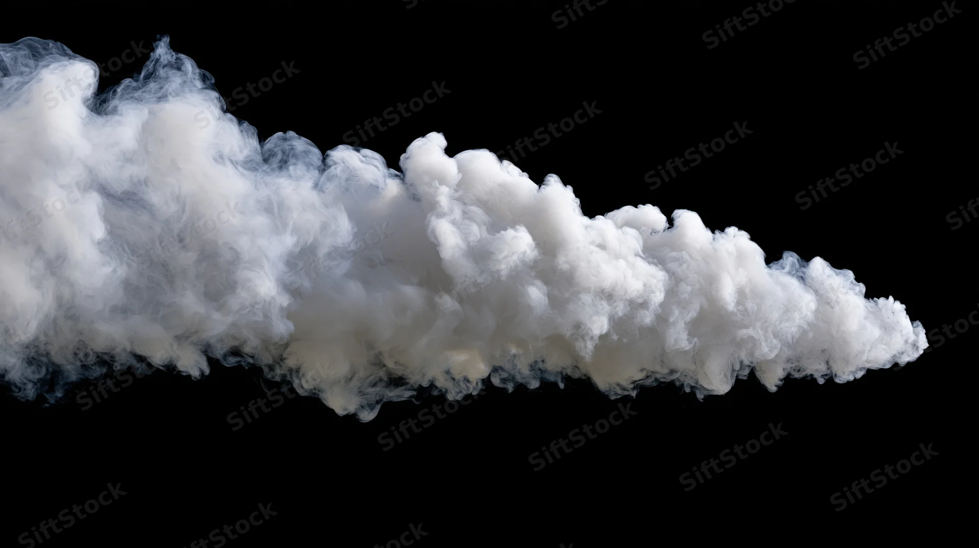 Dense horizontal plume of white smoke billowing and dispersing against black background